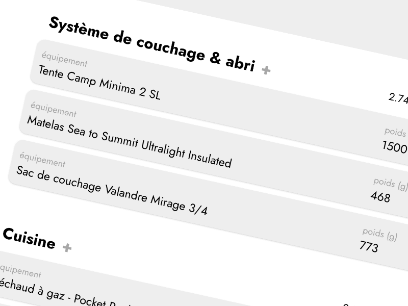 Capture de l'organisation du matériel par catégories dans PeakPackr